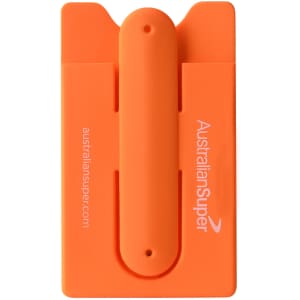 An orange Smart Wallet Stand featuring a logo, designed to hold phones and cards securely.