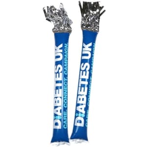 Two blue inflatable bang bang sticks with shiny silver ends and a logo on one side.