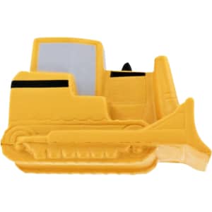 A yellow bulldozer-shaped stress reliever with detailed features, including a black stripe and grey window.