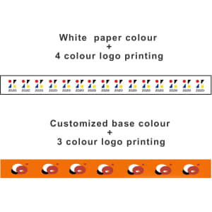 Washi tape in a white and orange design, featuring colourful printed logos. Includes two styles of tape.