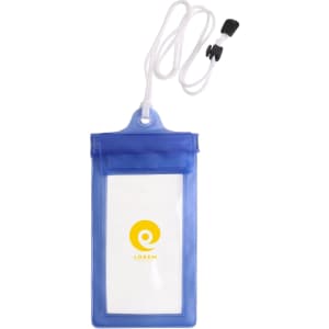 A blue waterproof phone bag with a neck string and a logo, designed for protecting devices from water.