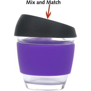 A drink bottle features a reusable glass coffee cup with a purple silicone sleeve and a black lid. It has a logo.
