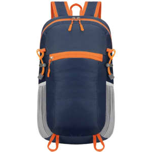 A packable hiking backpack in navy blue with orange accents, featuring multiple compartments and a logo.