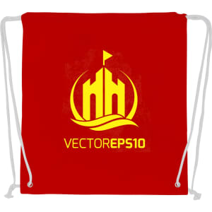 A red drawstring cotton bag featuring a logo with yellow detailing and white drawstrings.