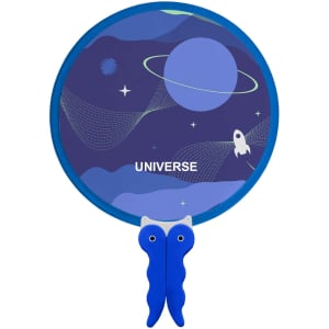 A foldable fan featuring a blue frame with a universe-themed design, including planets and rockets.