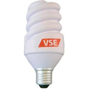 A white spiral-shaped lamp stress reliever with a silver base and a branding logo.