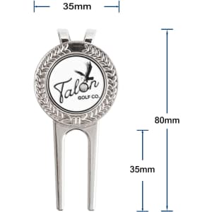 A metal golfers divot repair tool with a circular ball marker, featuring a logo and measuring 80mm by 35mm.