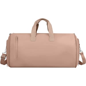 A beige duffel bag with double handles and a detachable shoulder strap, featuring a side zipper pocket and a branding logo.