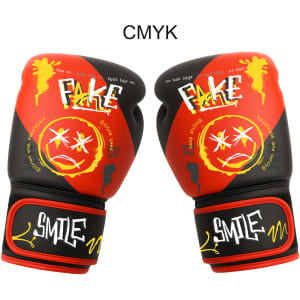 Red and black boxing gloves with unique designs and a logo. Features artistic graphics and a bold colour scheme.