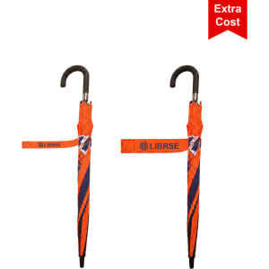 An orange and navy eight-panel umbrella with a curved handle and a logo on the sleeve.