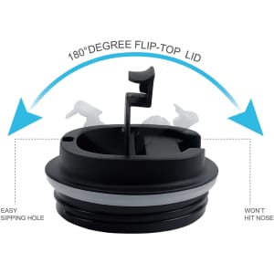 A drink bottle lid featuring a 180-degree flip-top design, black with a silicone seal and an easy sipping hole.