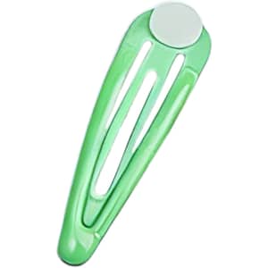 A green hair clip with a circular top and a sleek design, featuring a logo on the surface.