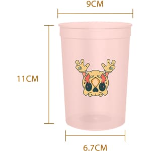 A plastic stadium cup in pink, featuring a design with a logo, measuring 11cm in height and 9cm in diameter.