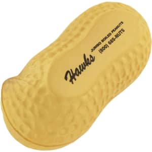 A yellow peanut-shaped stress reliever with a textured surface and a logo on one side.