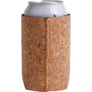 A cork stubby holder in a natural colour, holding a can. The holder features stitching and has a logo.