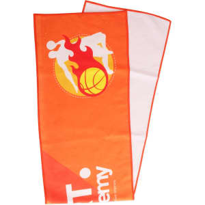 An orange sports towel with a logo, featuring a design related to basketball.