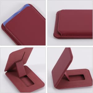 A burgundy PU foldable magnetic card holder features a phone stand and has a logo. The design includes multiple angles.