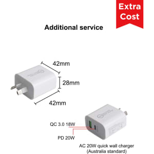 A white AC wall charger with two output ports, featuring a logo and dimensions of 42mm x 28mm x 42mm.
