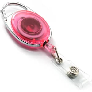 A retractable oval card holder in pink with a silver clip, featuring a clear attachment for securing cards.