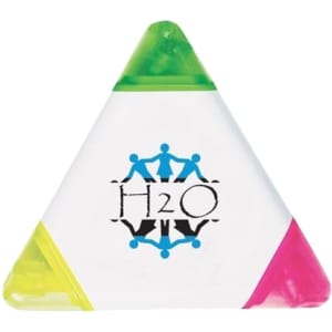 A triangular highlighter pen featuring green, yellow, and pink sections, with a logo on a white background.