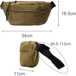 A large, khaki bum bag with multiple zippered compartments and an adjustable strap. Measurements are included in the image.