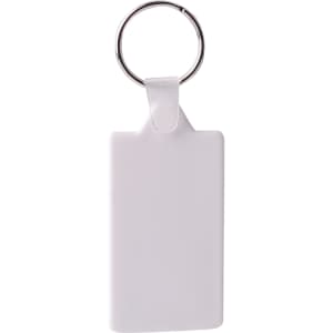 A rectangular hard plastic keyring in white with a metal keyring attachment.