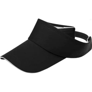 A black visor with a wide brim, featuring an adjustable strap and a simple design, includes a logo.