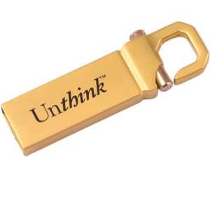 A gold flash drive with a logo, featuring a hook design for easy attachment.