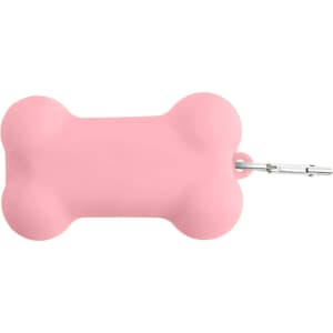 A pink silicone dog poop bag dispenser in a bone shape, featuring a clip for easy attachment.