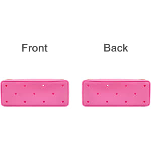 A pink silicone pencil case featuring holes in a heart pattern, displaying both the front and back sides.