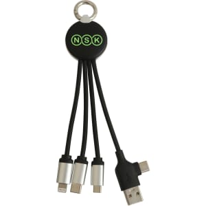 A round black charging cable with multiple connectors, featuring a keyring attachment and a logo.