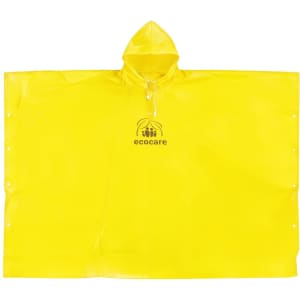 A yellow PEVA rain poncho with a hood, featuring a logo at the centre. Suitable for outdoor use.