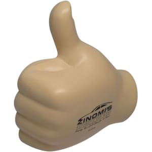 A beige fist shape stress reliever with a thumbs up design and a logo on one side.