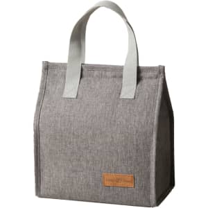 A grey minimalist lunch bag with a rectangular shape and two handles, featuring a small logo.
