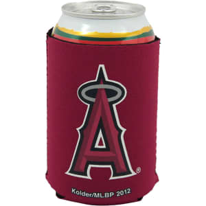 A drink can is nestled in a maroon foldable stubby holder featuring a logo.