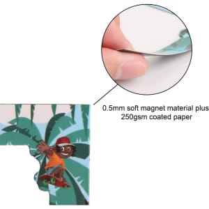 Custom-shaped fridge magnet featuring a vibrant design in green with a character skating. Made from soft magnet material and coated paper.