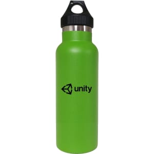 A drink bottle in bright green with a stainless steel interior and a black PP lid. It features a logo.