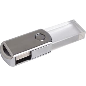 A swivel crystal flash drive in silver and transparent design with a logo on the side.