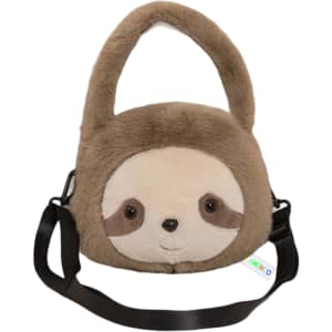 A brown plush handbag shaped like a sloth, featuring a soft exterior and a black shoulder strap. It has a cute face and branding.