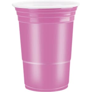 A pink drink cup with a white rim, featuring traditional ribbed design for easy grip.