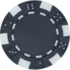 A black poker chip with white inlays featuring various designs, including pips and squares, and a central area.