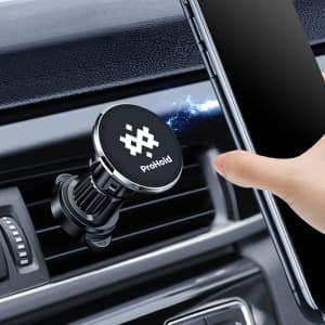 A round black car hook bracket with a silver edge, designed to attach to car vents, holding devices securely.