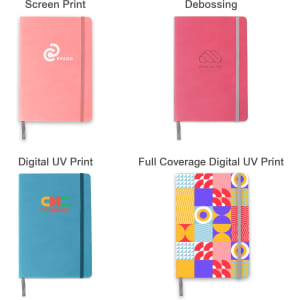 A5 PU cover notebooks in pink and blue, featuring various print designs and a grey elastic band.