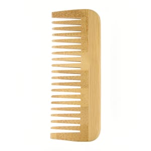 A bamboo hair comb with wide and narrow teeth, featuring a natural wood finish. It has a branding logo.