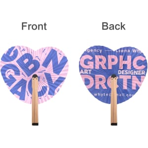 A heart-shaped wooden paper fan with pink and blue designs, featuring a wooden handle and a logo.