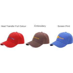 Three caps in red, brown, and blue, featuring logos with different printing styles: heat transfer, embroidery, and screen print.