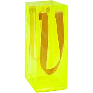 A drink bottle bag in clear jelly with a bright yellow colour and gold handles. Features a branded logo.