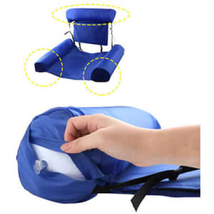 An inflatable floating chair in blue, featuring armrests and back support, with a hand adjusting the valve.