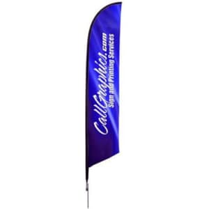 A blue angled feather banner featuring a logo and text in white, with a tall, slim design.