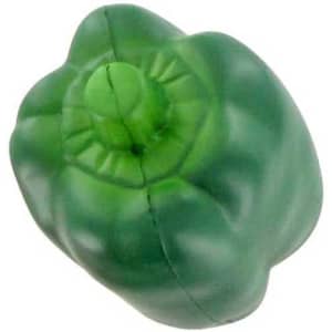 A green capsicum-shaped stress reliever with a smooth texture, featuring a simple design and a small stem.